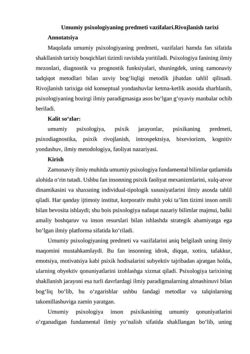 Umumiy psixologiyaning predmeti vazifalari.Rivojlanish tarixi 1
