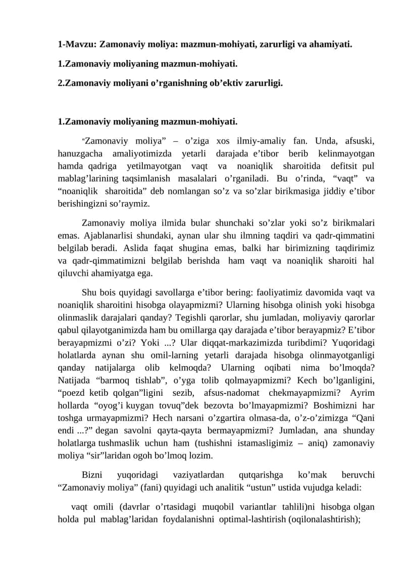 Zamonaviy moliya: mazmun-mohiyati, zarurligi va ahamiyati 1