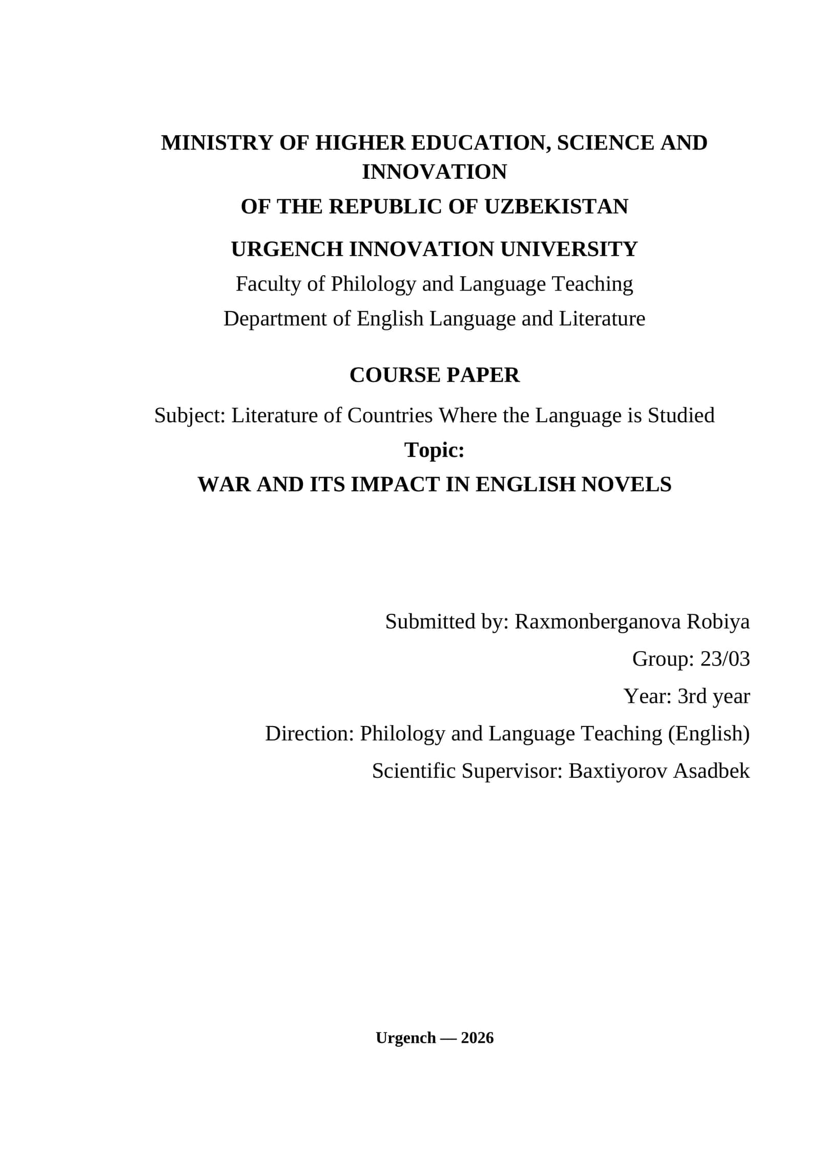 WAR AND ITS IMPACT IN ENGLISH NOVELS 1