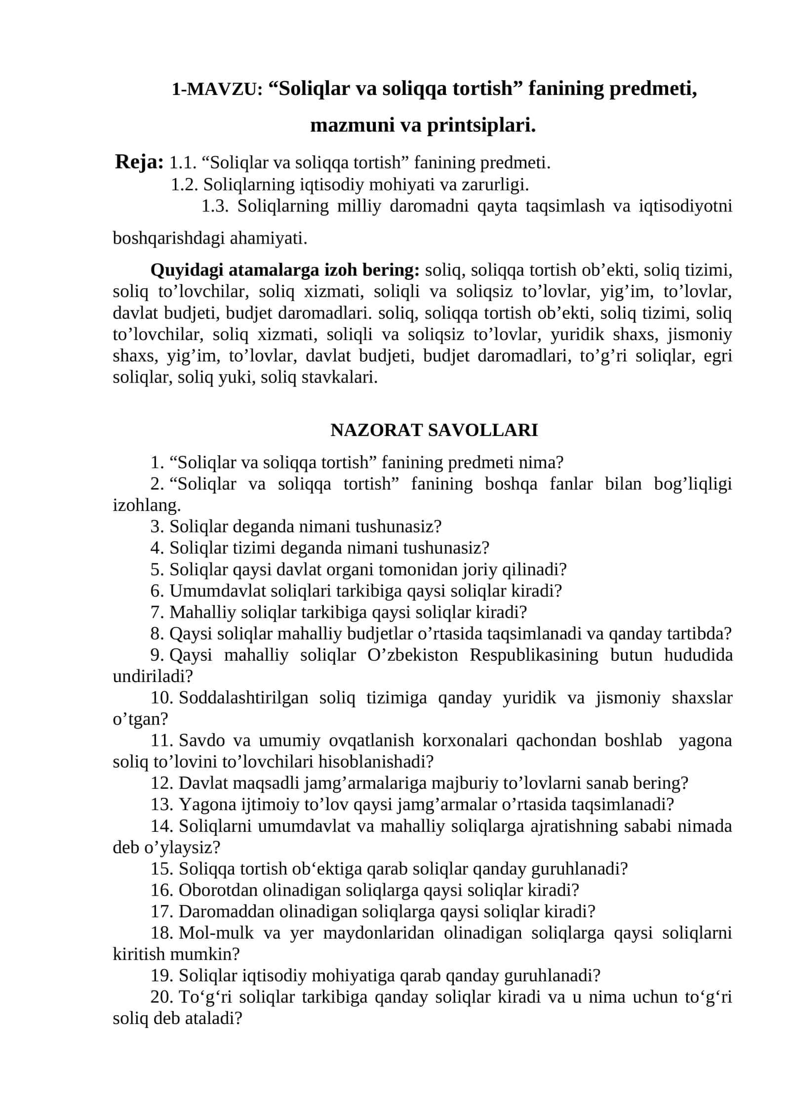 “Soliqlar va soliqqa tortish” fanining predmeti, mazmuni va printsiplari 1