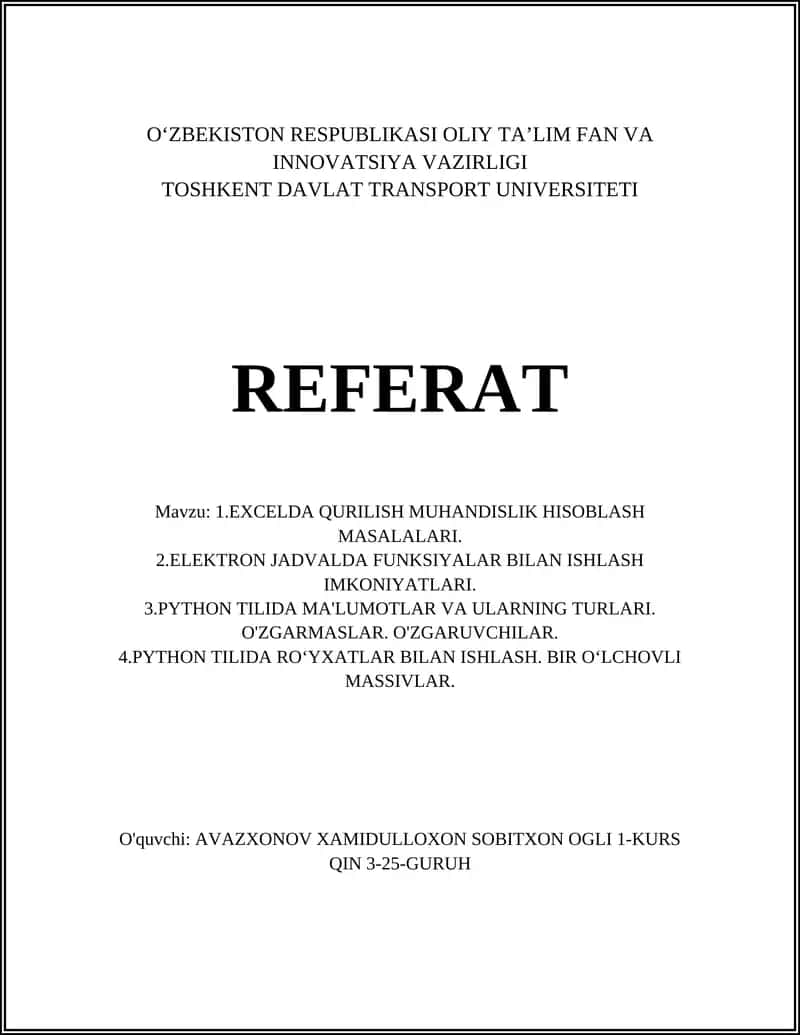 EXCELDA QURILISH MUHANDISLIK HISOBLASH MASALALARI 1