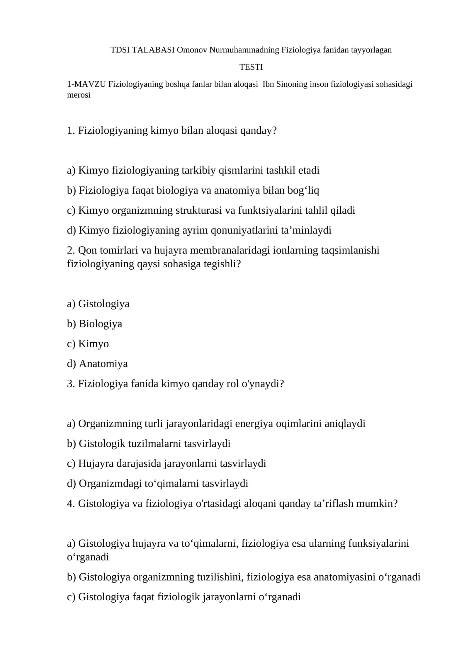 Fiziologiya fanidan tayyorlagan TESTI 1