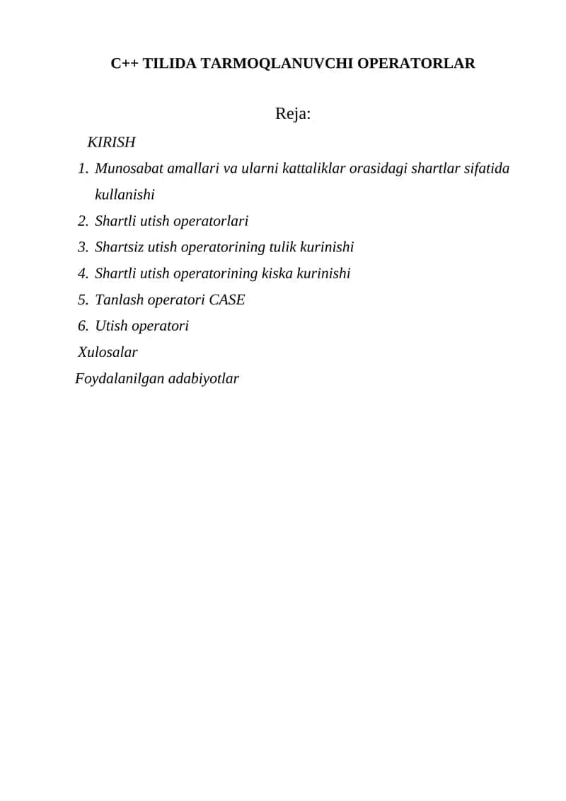 C++ TILIDA TARMOQLANUVCHI OPERATORLAR 1