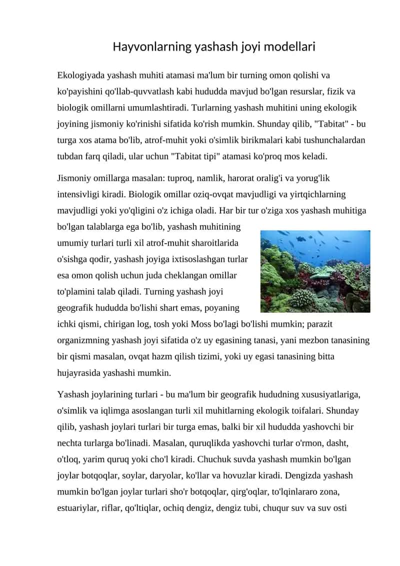 Hayvonlarning yashash joyi modellari 1