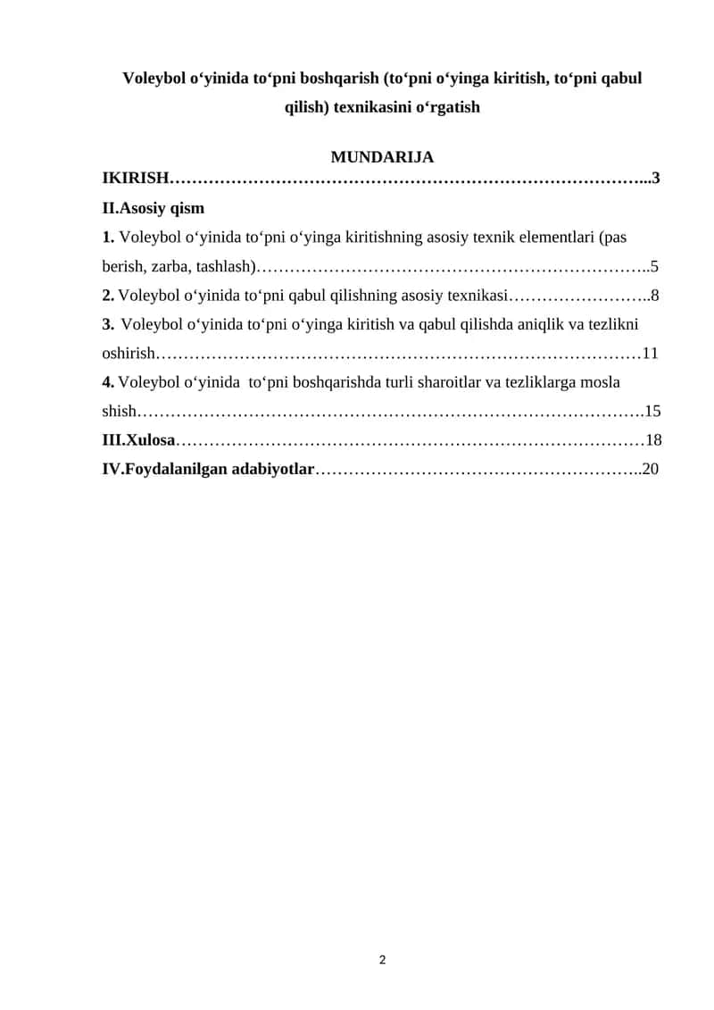 Voleybol o‘yinida to‘pni boshqarish (to‘pni o‘yinga kiritish, to‘pni qabul qilish) texnikasini o‘rgatish 1