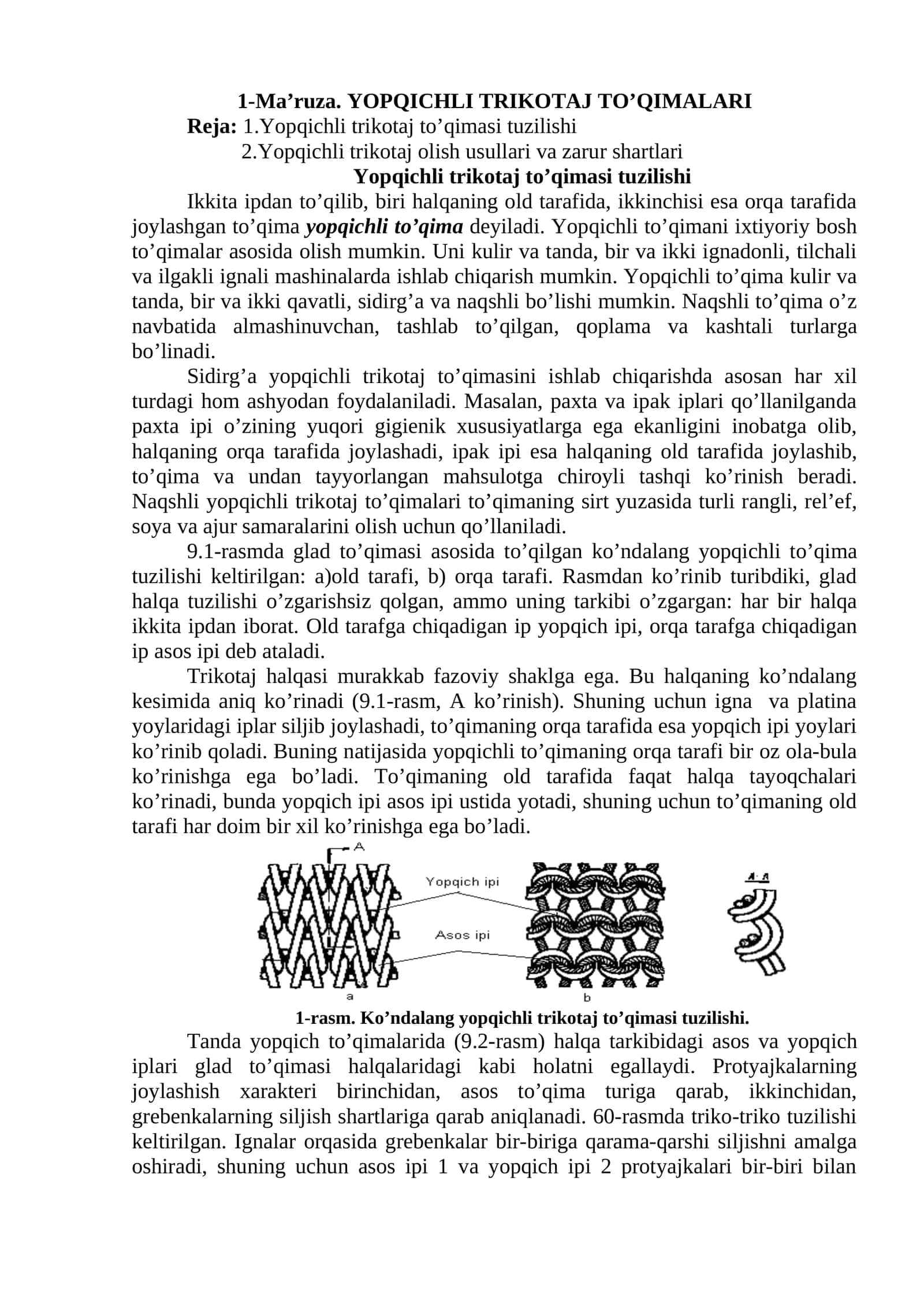 Ma’ruza. YOPQICHLI TRIKOTAJ TO’QIMALARI 1