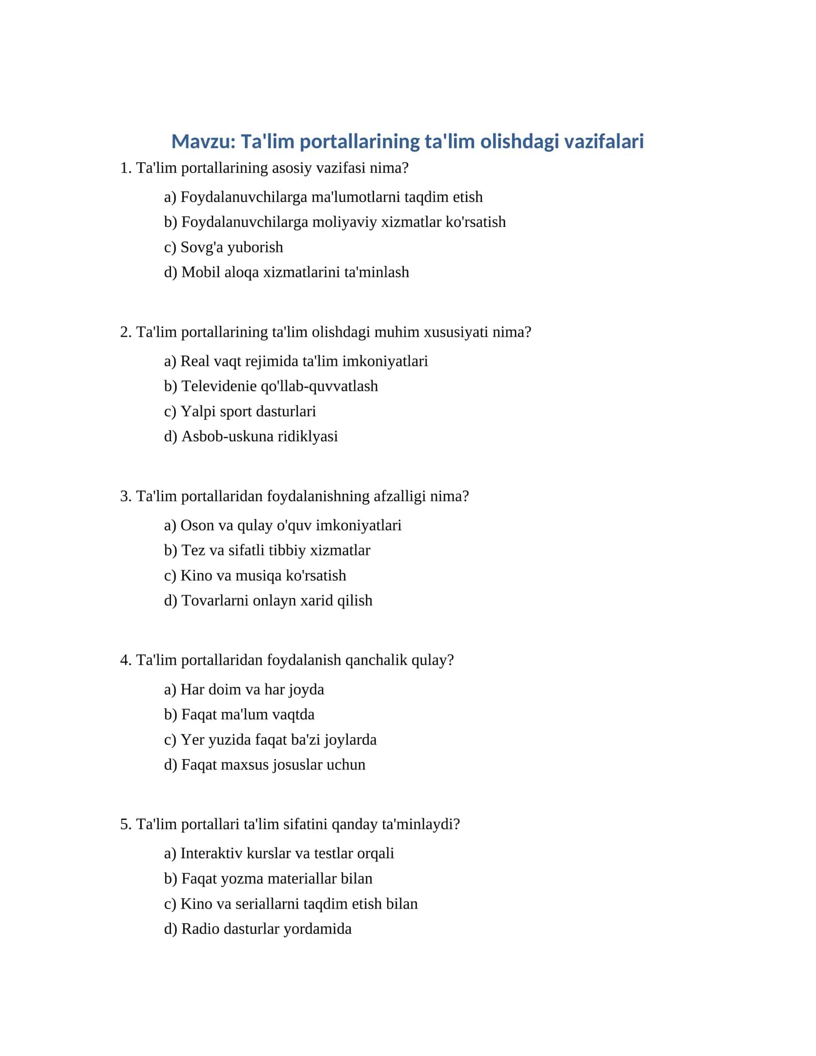 Ta'lim portallarining ta'lim olishdagi vazifalari 1