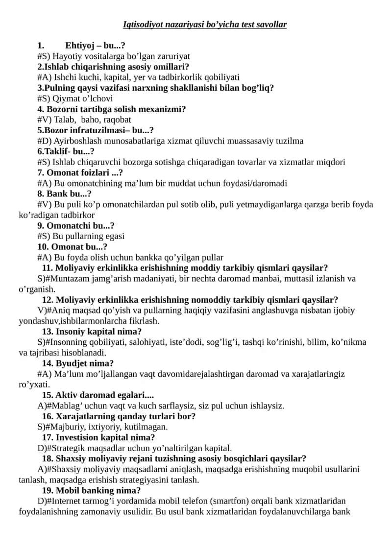 Iqtisodiyot nazariyasi bo’yicha test savollar 1