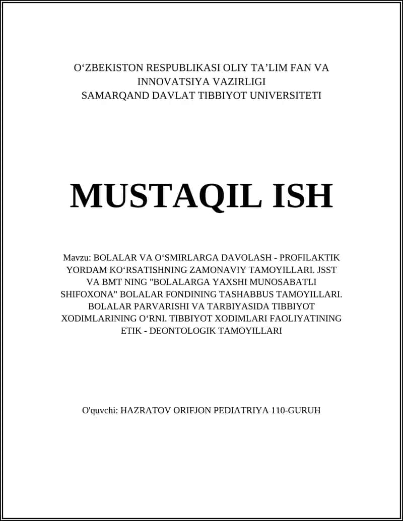 BOLALAR VA OʻSMIRLARGA DAVOLASH - PROFILAKTIK YORDAM KOʻRSATISHNING ZAMONAVIY TAMOYILLARI 1