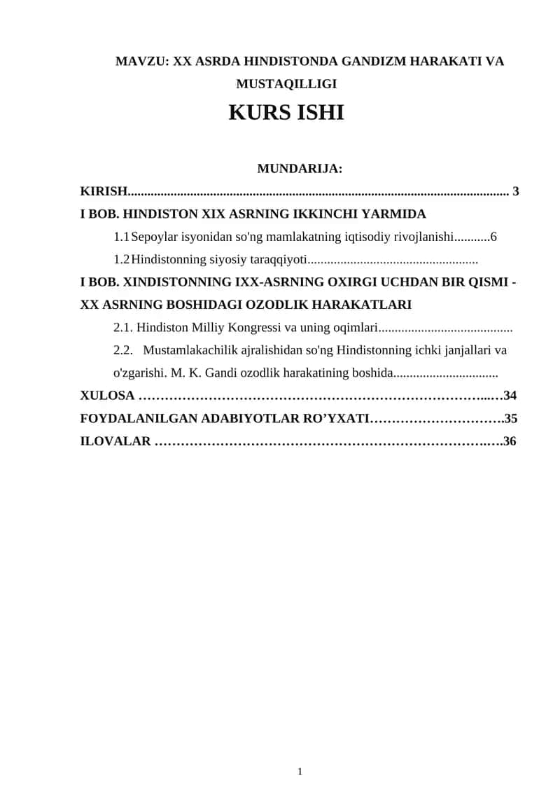 XX ASRDA HINDISTONDA GANDIZM HARAKATI VA MUSTAQILLIGI KURS ISHI 1