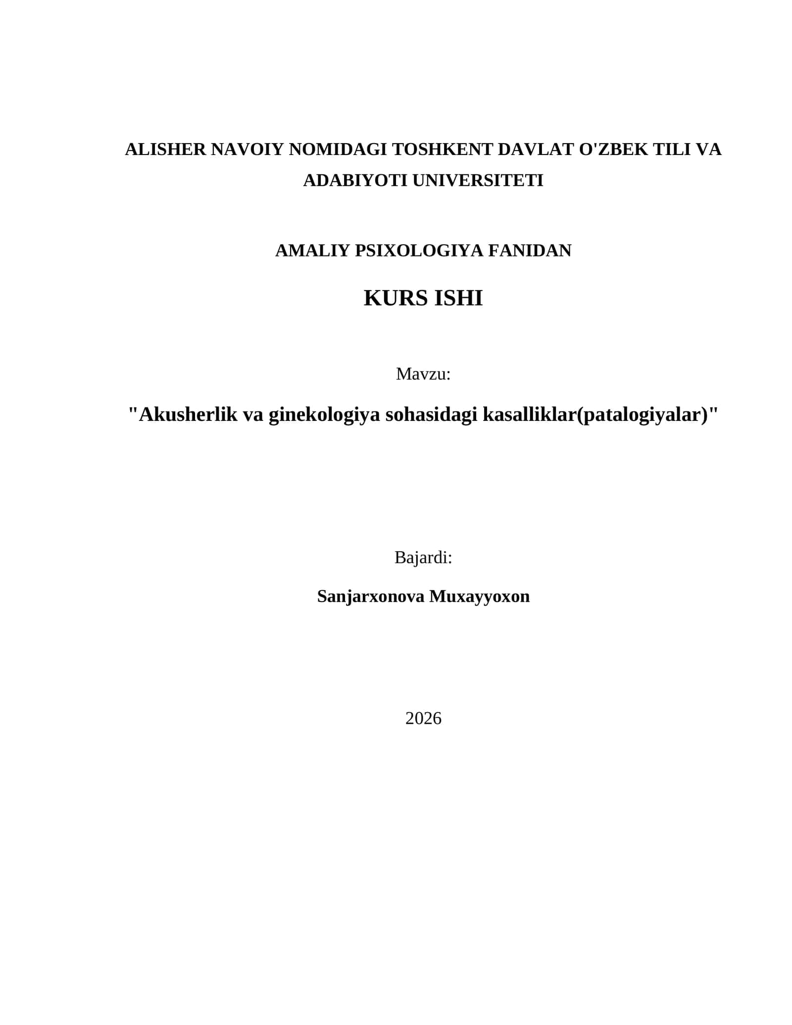 "Akusherlik va ginekologiya sohasidagi kasalliklar(patalogiyalar)" 1