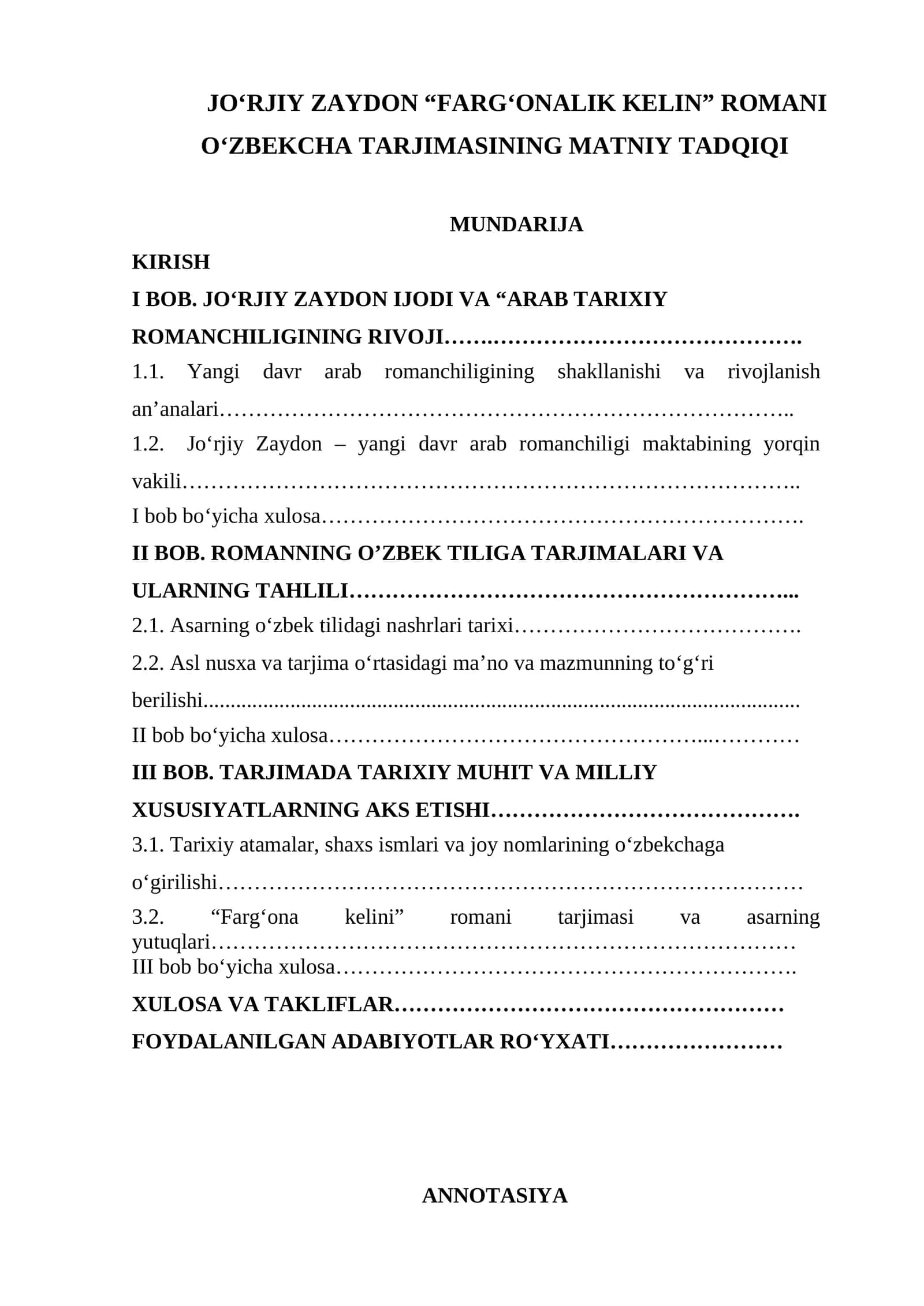 DISSERTATSIYA Jo'rjiy Zaydon “Farg'onalik kelin” romani o'zbekcha tarjimasining matniy tadqiqi 1