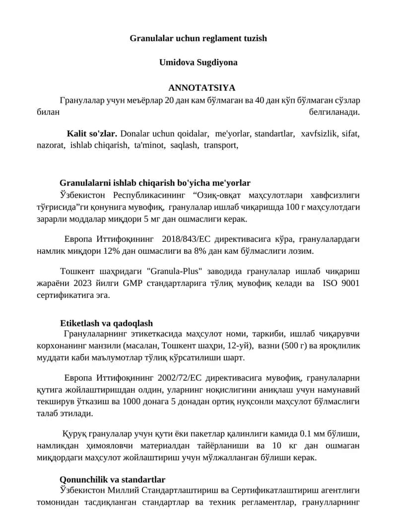 Granulalar uchun reglament tuzish 1