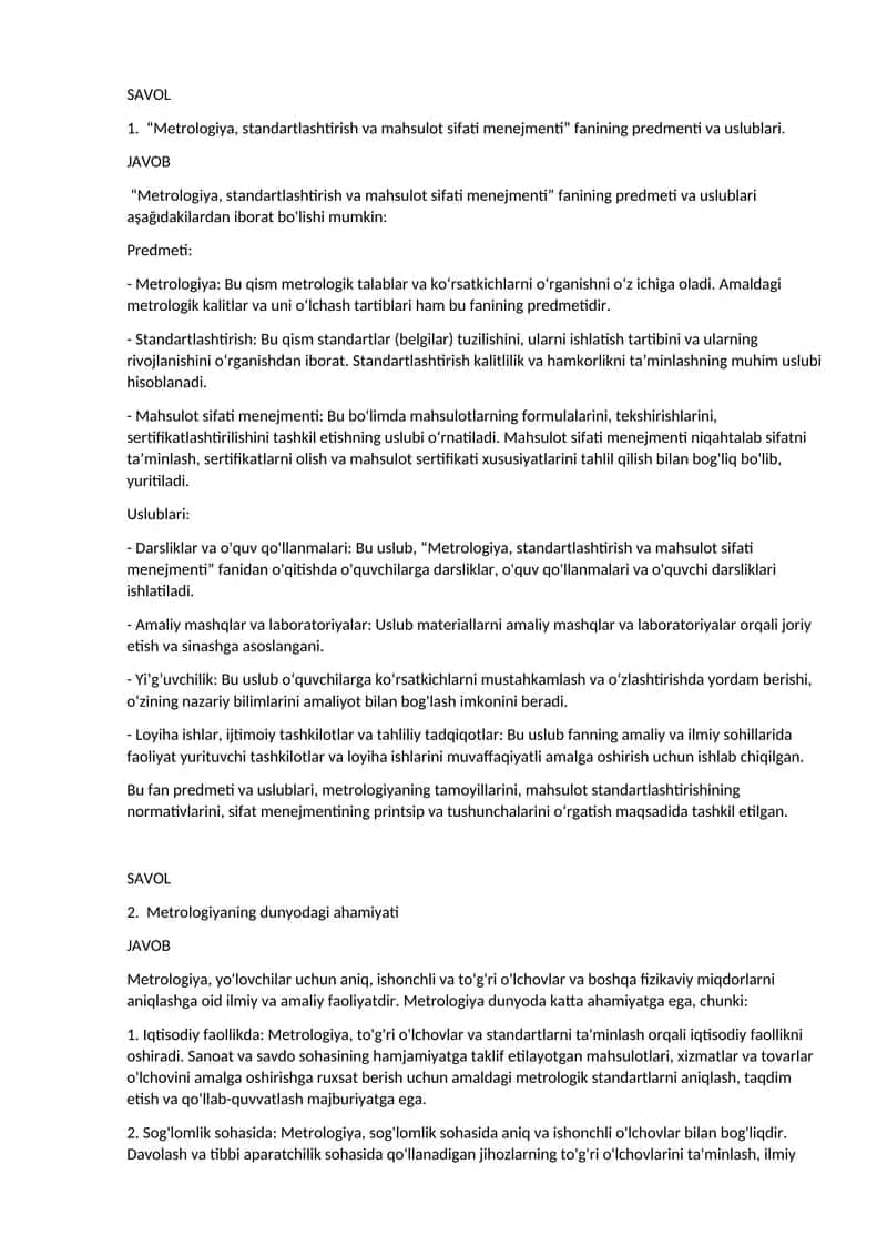 Metrologiya, standartlashtirish va mahsulot sifati menejmenti 1