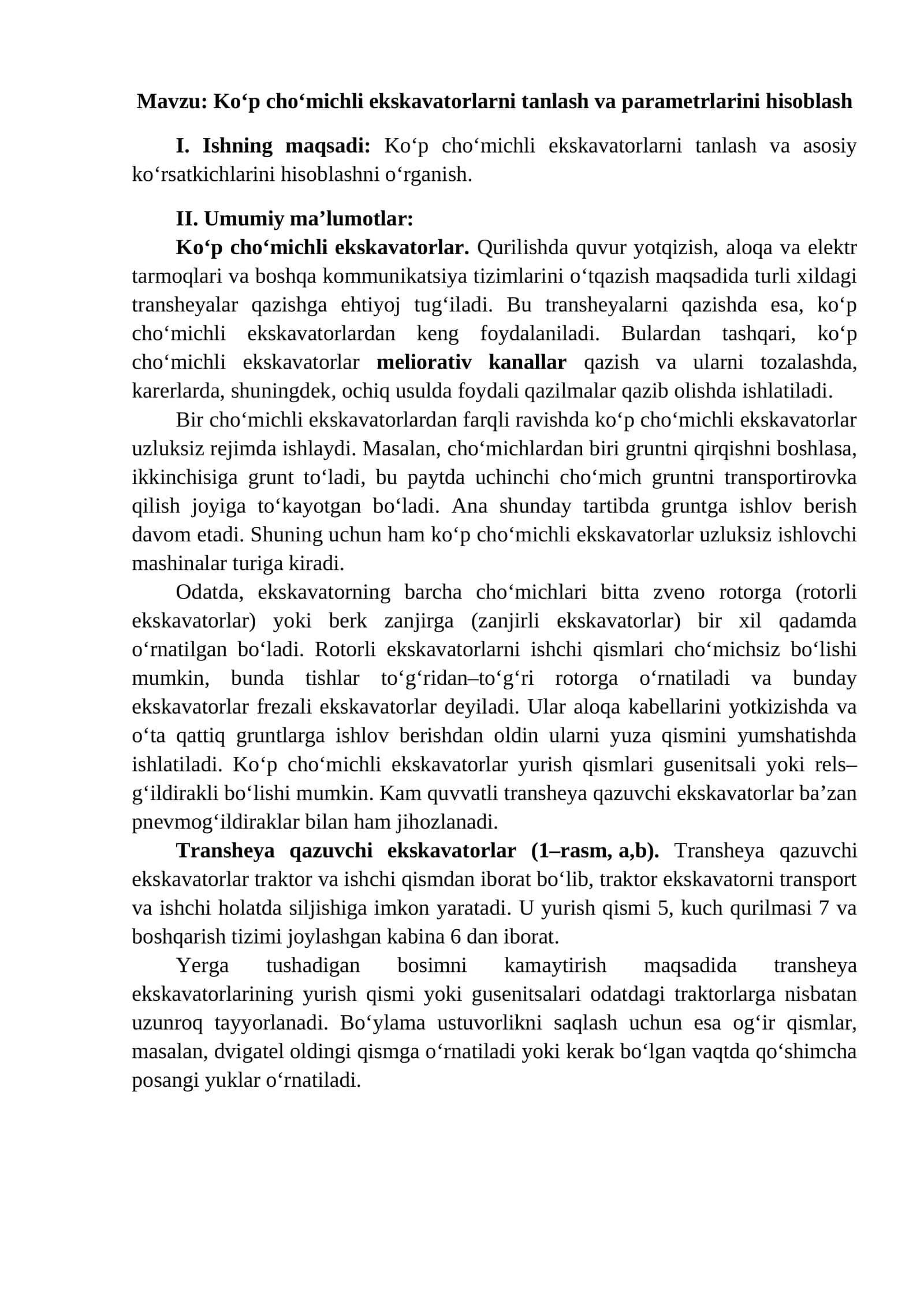 Ko‘p cho‘michli ekskavatorlarni tanlash va parametrlarini hisoblash 1