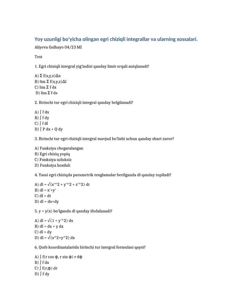 Yoy uzunligi boʻyicha olingan integrallar 1