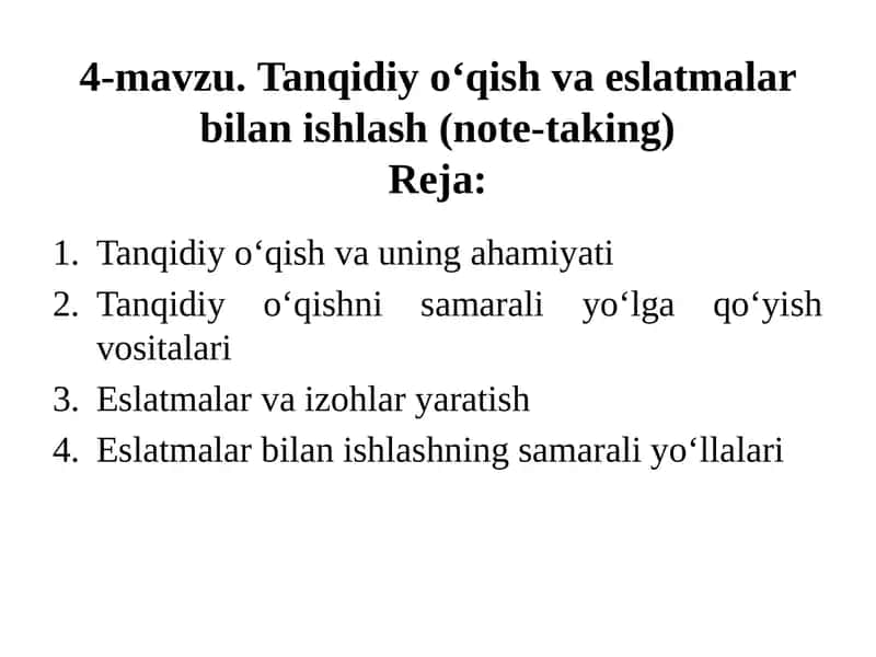 Tanqidiy o‘qish va eslatmalar bilan ishlash 1