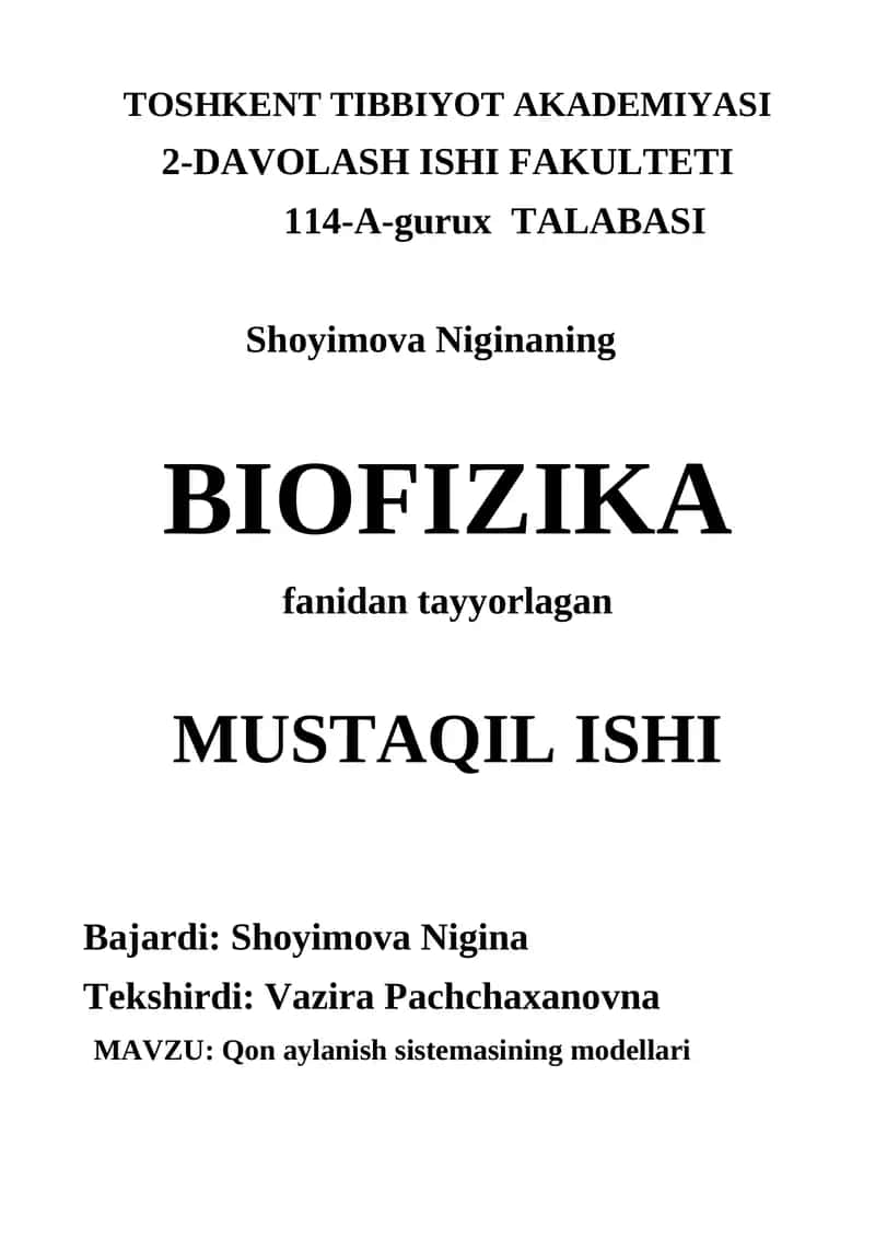 Qon aylanish sistemasining modellari 1