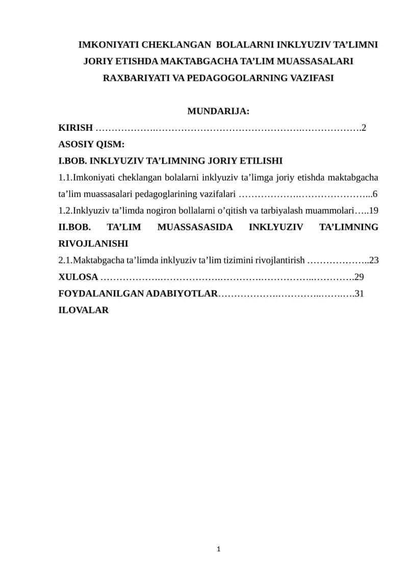IMKONIYATI CHEKLANGAN BOLALARNI INKLYUZIV TA’LIMNI JORIY ETISHDA MAKTABGACHA TA’LIM MUASSASALARI RAXBARIYATI VA PEDAGOGOLARNING VAZIFASI 1