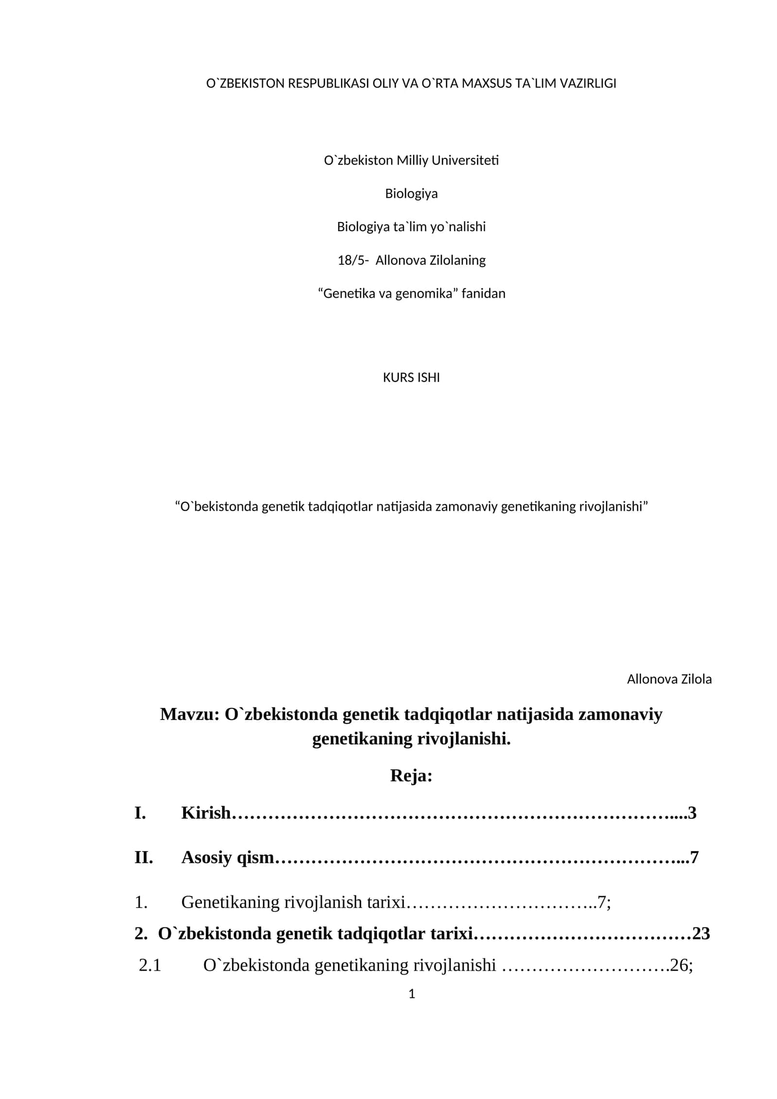 O`zbekistonda genetik tadqiqotlar natijasida zamonaviy genetikaning rivojlanishi 1