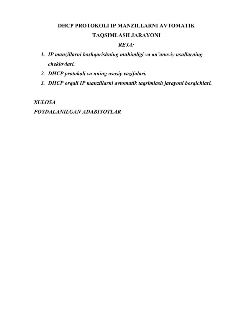 DHCP PROTOKOLI IP MANZILLARNI AVTOMATIK TAQSIMLASH JARAYONI 1