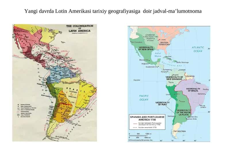 Yangi davrda Lotin Amerikasi tarixiy geografiyasiga doir jadval-ma’lumotnoma 1