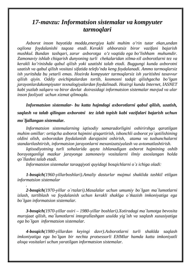 Informatsion sistemalar va kompyuter tarmoqlari 1
