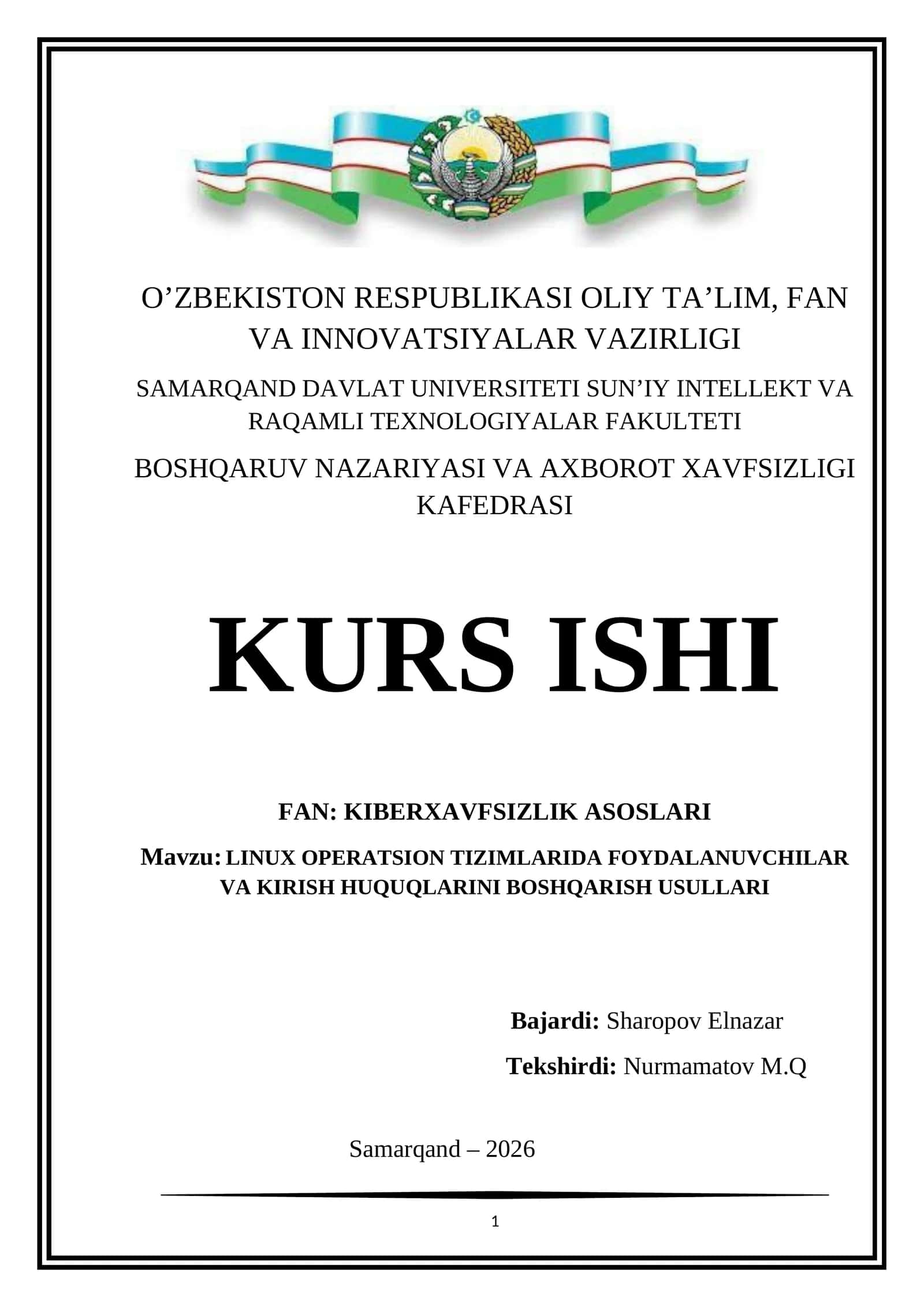 LINUX OPERATSION TIZIMLARIDA FOYDALANUVCHILAR VA KIRISH HUQUQLARINI BOSHQARISH USULLARI 1