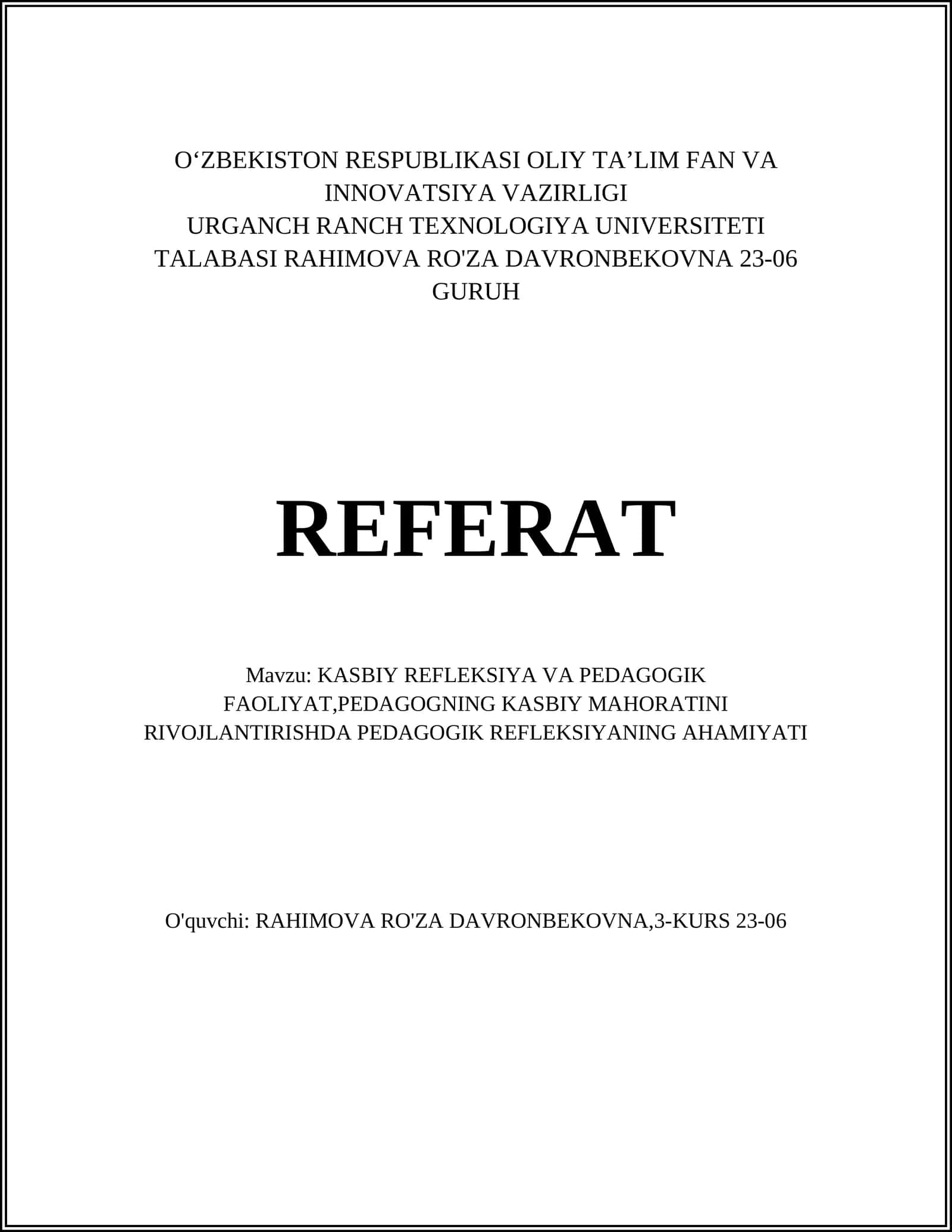 KASBIY REFLEKSIYA VA PEDAGOGIK FAOLIYAT 1