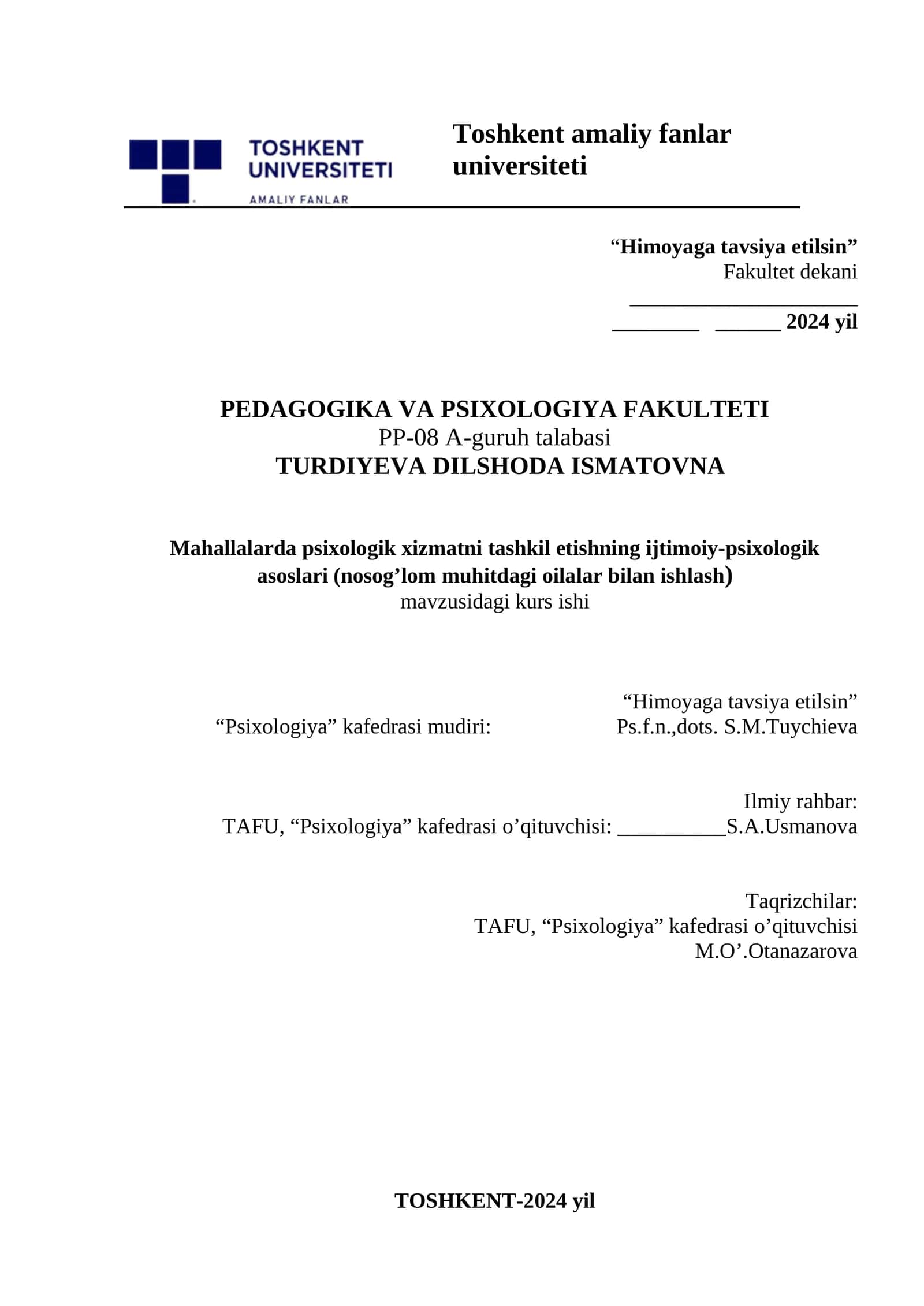 Psixologiya: Mahallalar bilan ishlash 1