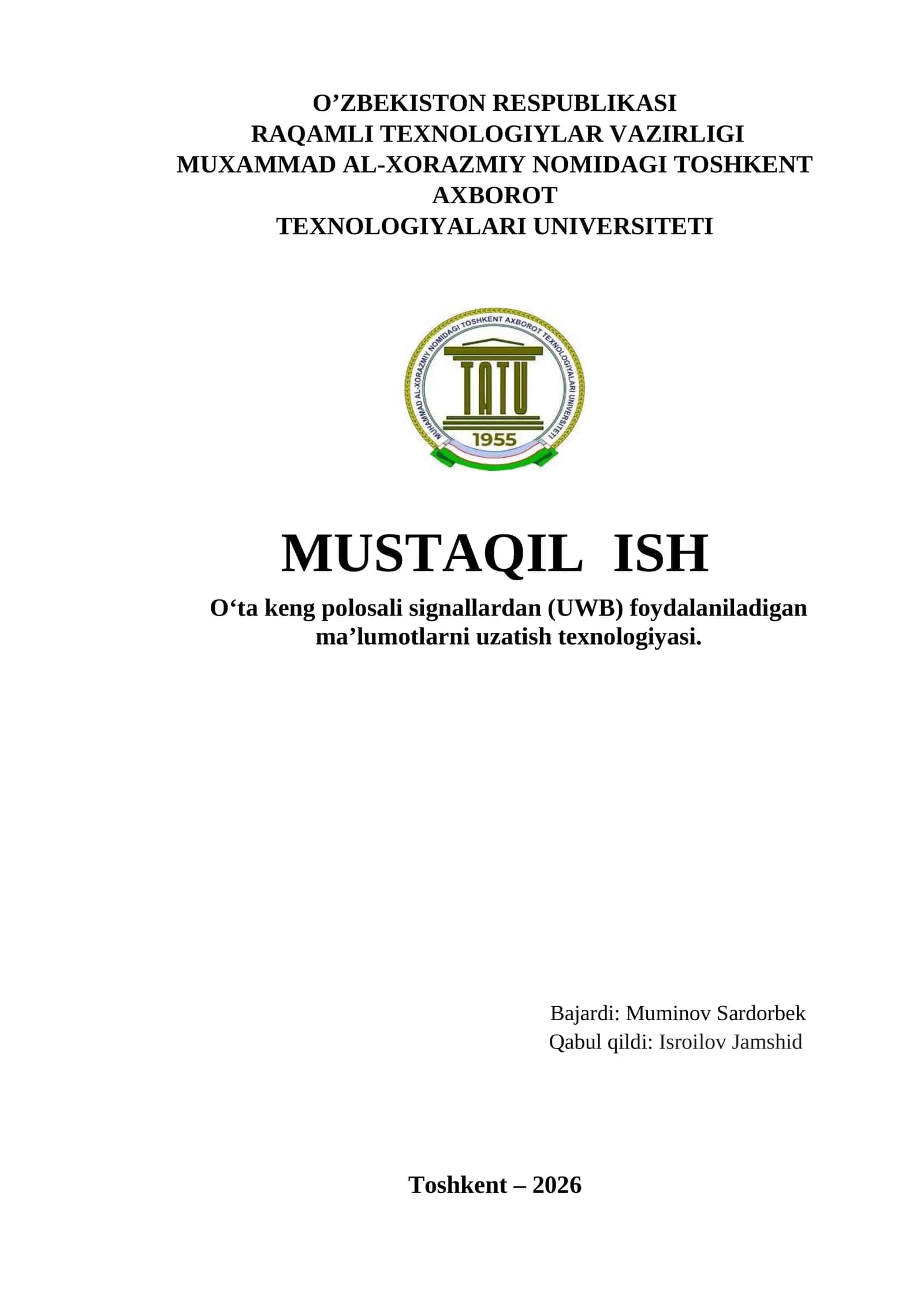 O‘ta keng polosali signallardan (UWB) foydalaniladigan ma’lumotlarni uzatish texnologiyasi 1