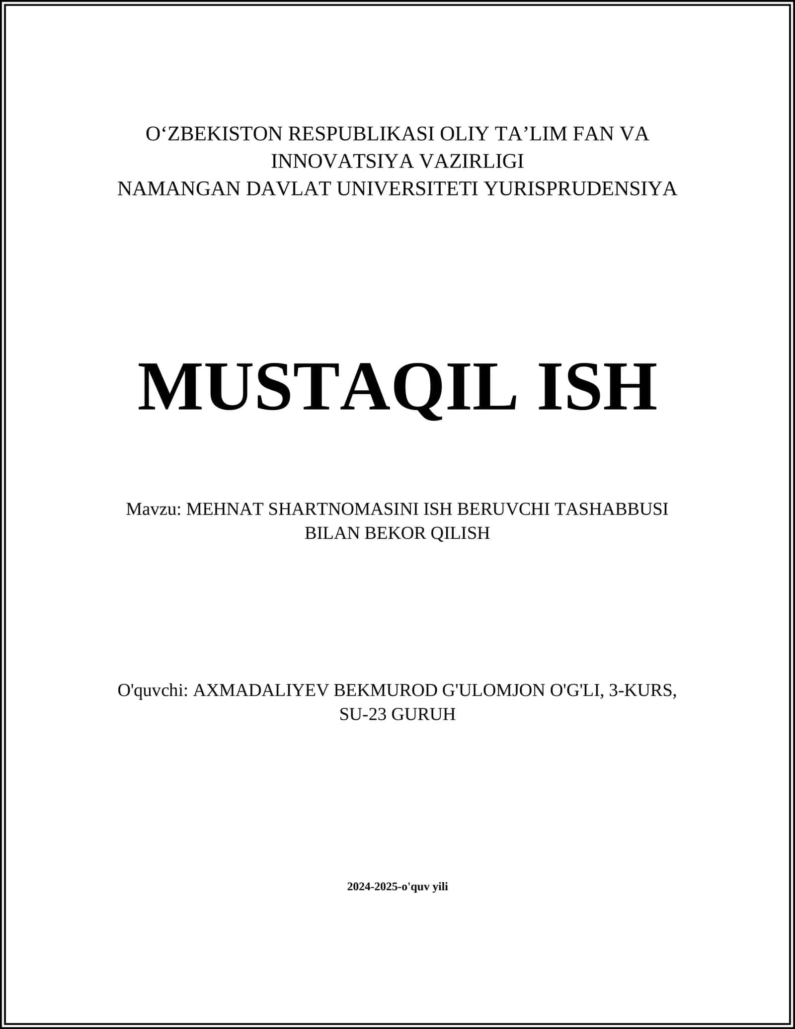 MEHNAT SHARTNOMASINI ISH BERUVCHI TASHABBUSI BILAN BEKOR QILISH 1