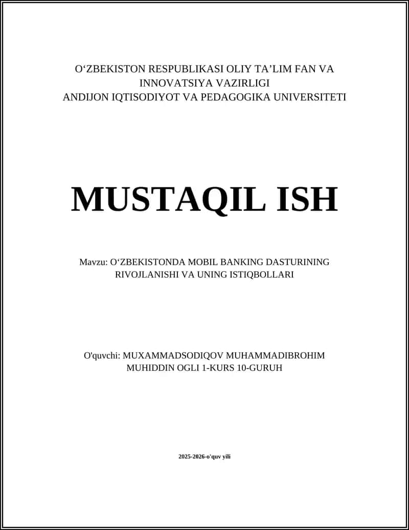 O‘ZBEKISTONDA MOBIL BANKING DASTURINING RIVOJLANISHI VA UNING ISTIQBOLLARI 1
