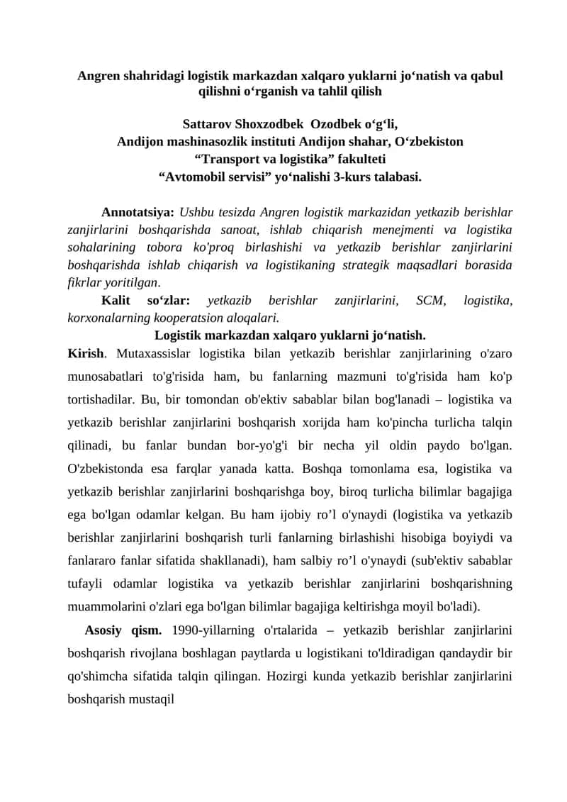 Angren shahridagi logistik markazdan xalqaro yuklarni jo‘natish va qabul qilishni o‘rganish va tahlil qilish 1