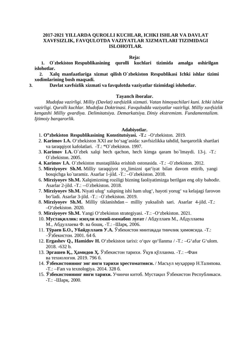 2017-2021 YILLARDA QUROLLI KUCHLAR, ICHKI ISHLAR VA DAVLAT XAVFSIZLIK, FAVQULOTDA VAZIYATLAR XIZMATLARI TIZIMIDAGI ISLOHOTLAR 1