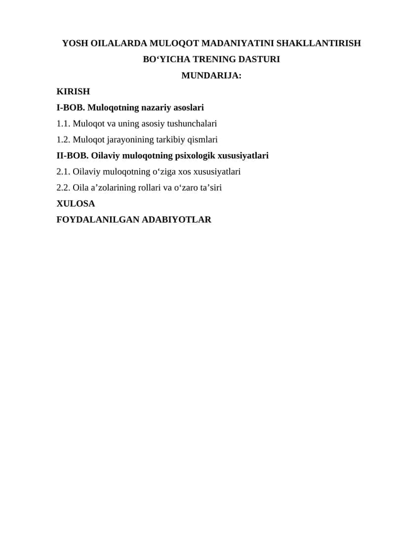 YOSH OILALARDA MULOQOT MADANIYATINI SHAKLLANTIRISH BO‘YICHA TRENING DASTURI 1