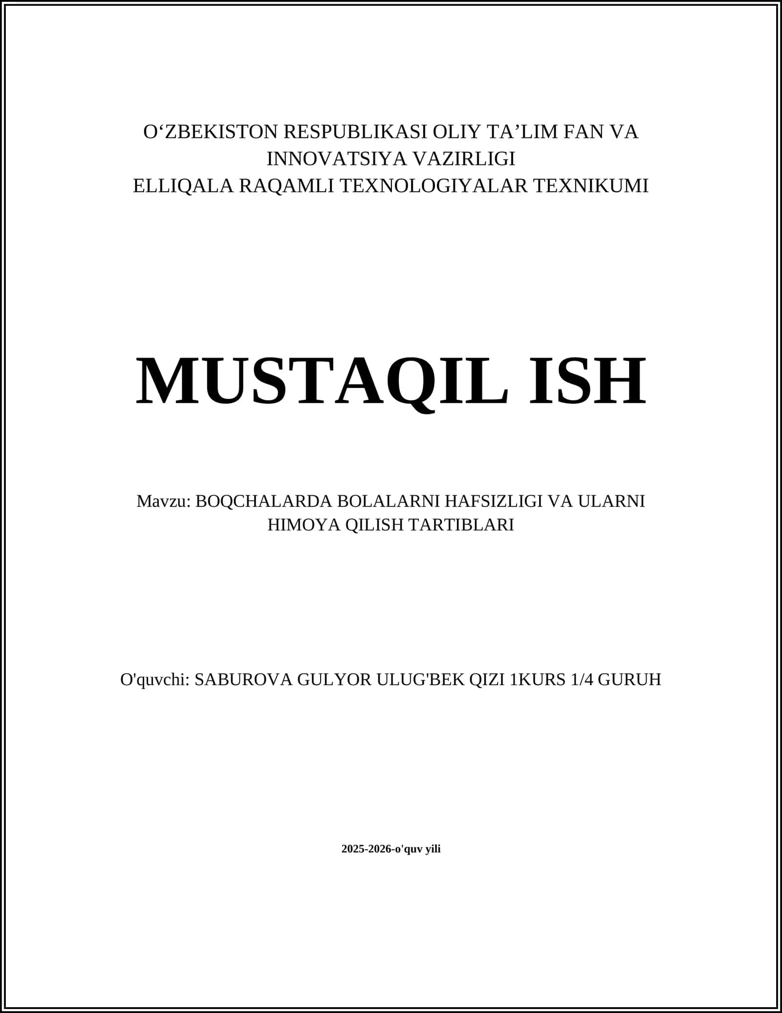 BOQCHALARDA BOLALARNI HAFSIZLIGI VA ULARNI HIMOYA QILISH TARTIBLARI 1