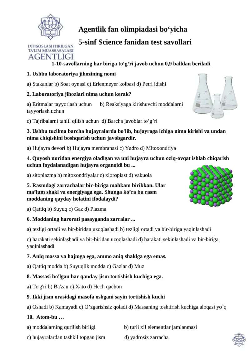 5-sinf Science fanidan test savollari 1