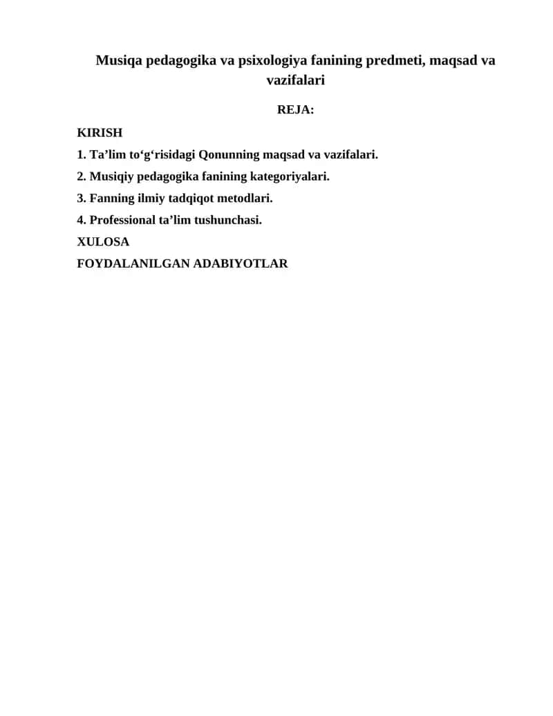 Musiqa pedagogika va psixologiya fanining predmeti, maqsad va vazifalari 1