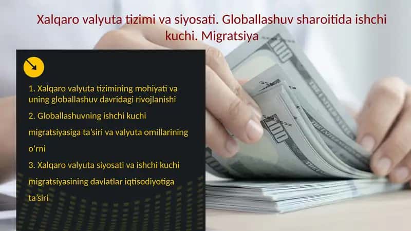 Xalqaro valyuta tizimi va siyosati. Globallashuv sharoitida ishchi kuchi. Migratsiya 1