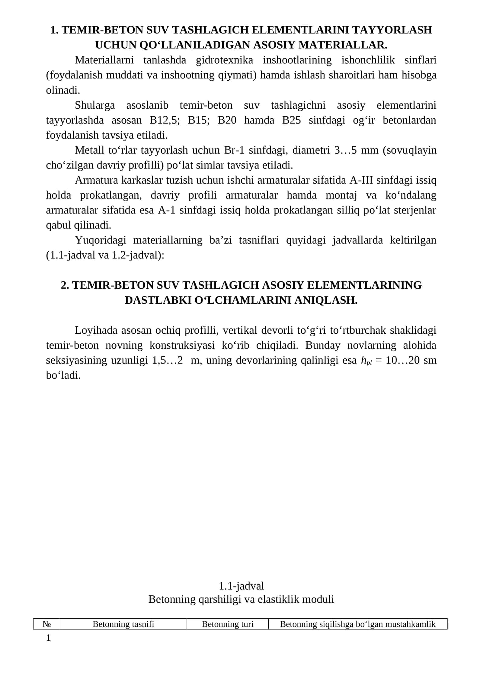 Temir-beton suv tashlagich elementlarini tayyorlash uchun materiallar 1