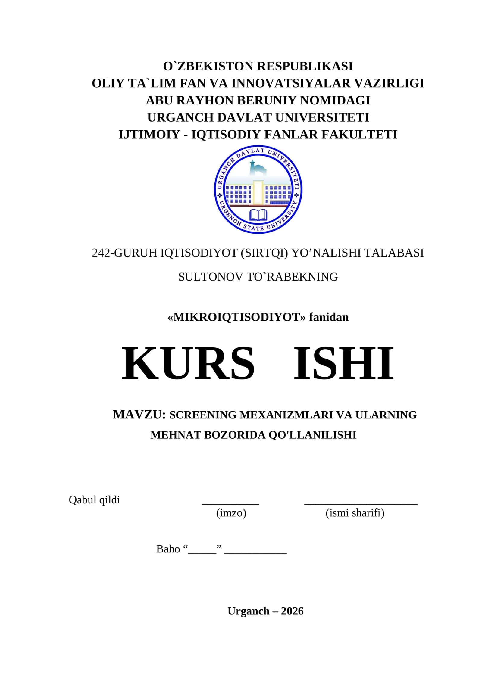 SCREENING MEXANIZMLARI VA ULARNING MEHNAT BOZORIDA QO'LLANILISHI 1