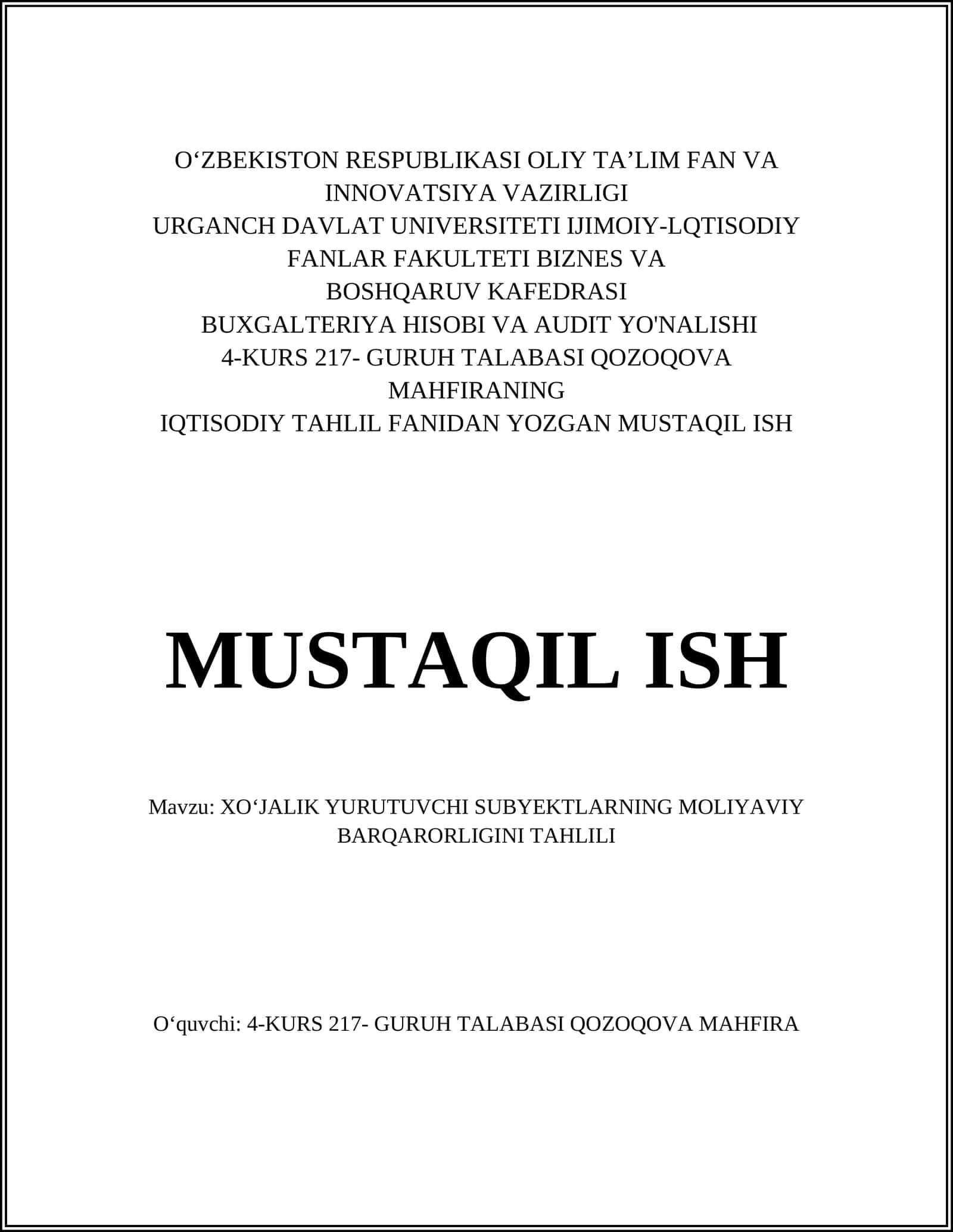 XO‘JALIK YURUTUVCHI SUBYEKTLARNING MOLIYAVIY BARQARORLIGINI TAHLILI 1