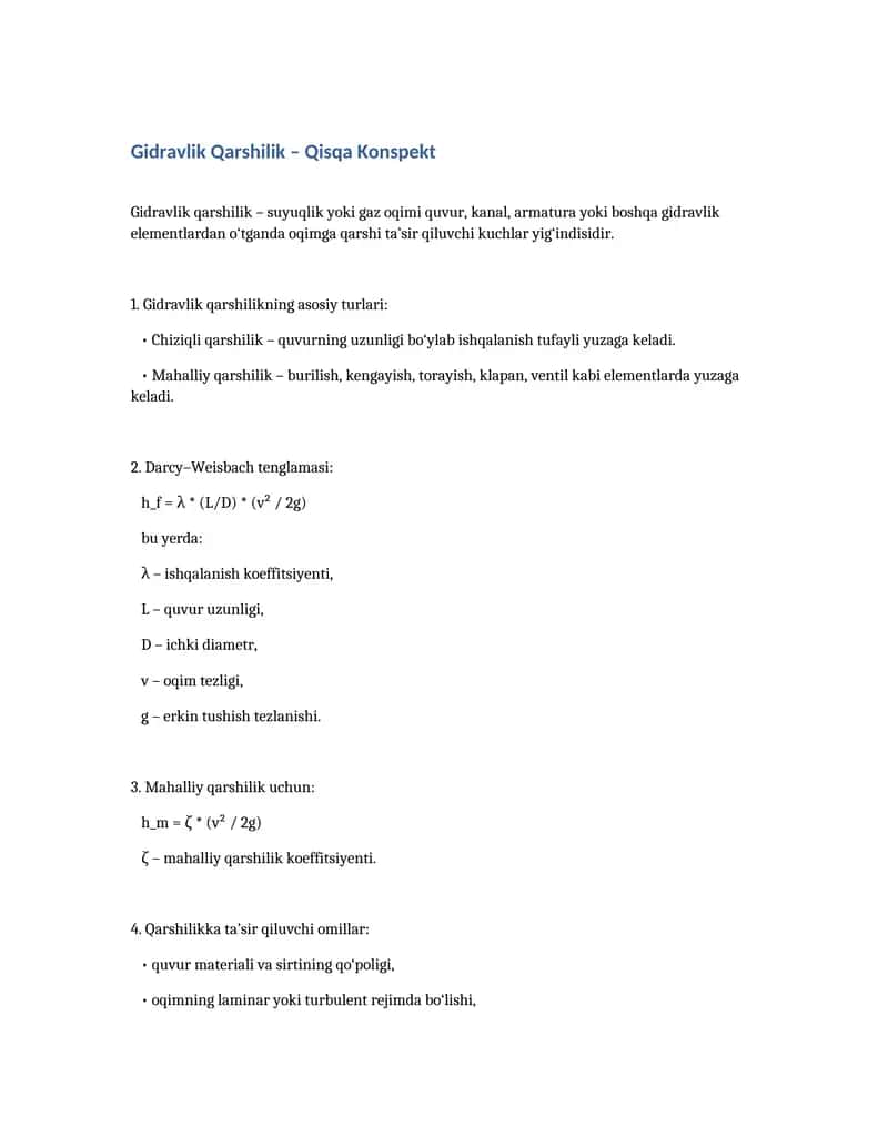 Gidravlik Qarshilik – Qisqa Konspekt 1