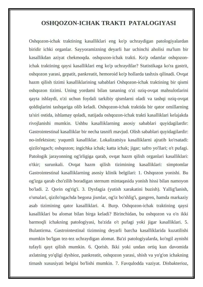 OSHQOZON-ICHAK TRAKTI PATALOGIYASI 1