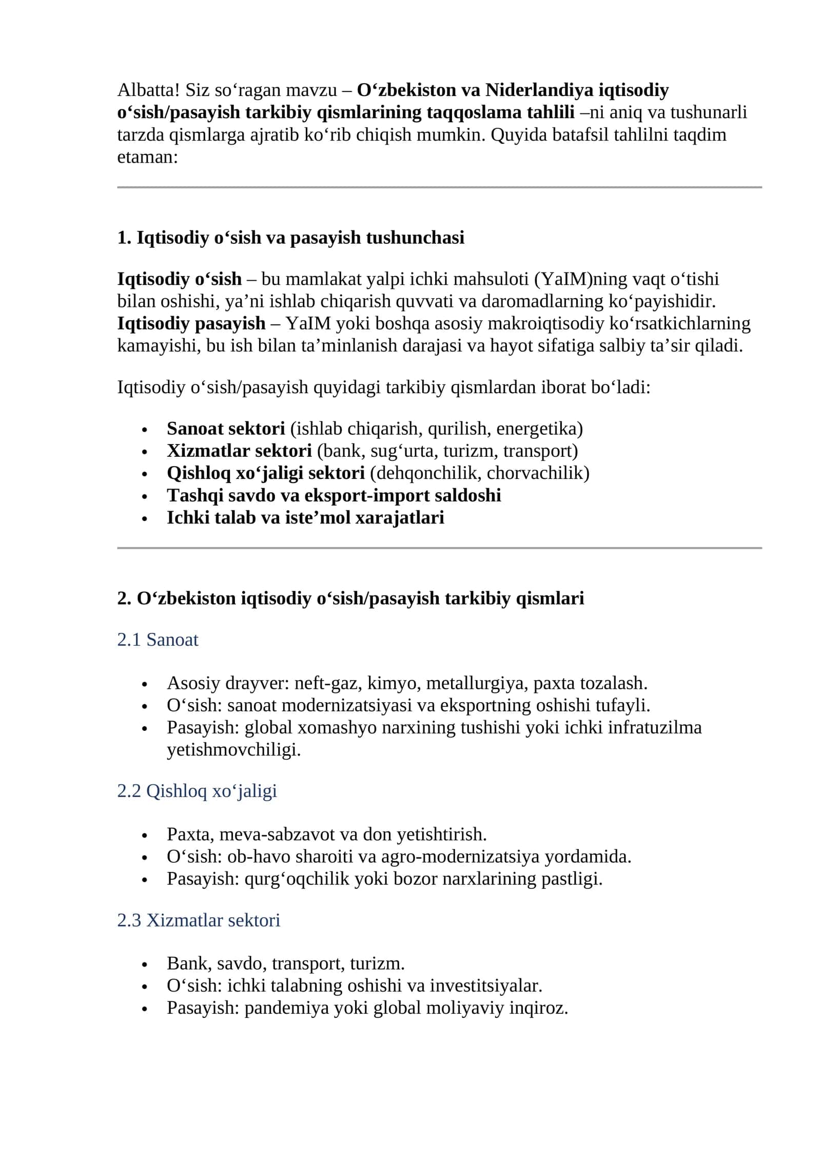 O‘zbekiston va Niderlandiya iqtisodiy o‘sish/pasayish tarkibiy qismlarining taqqoslama tahlili 1