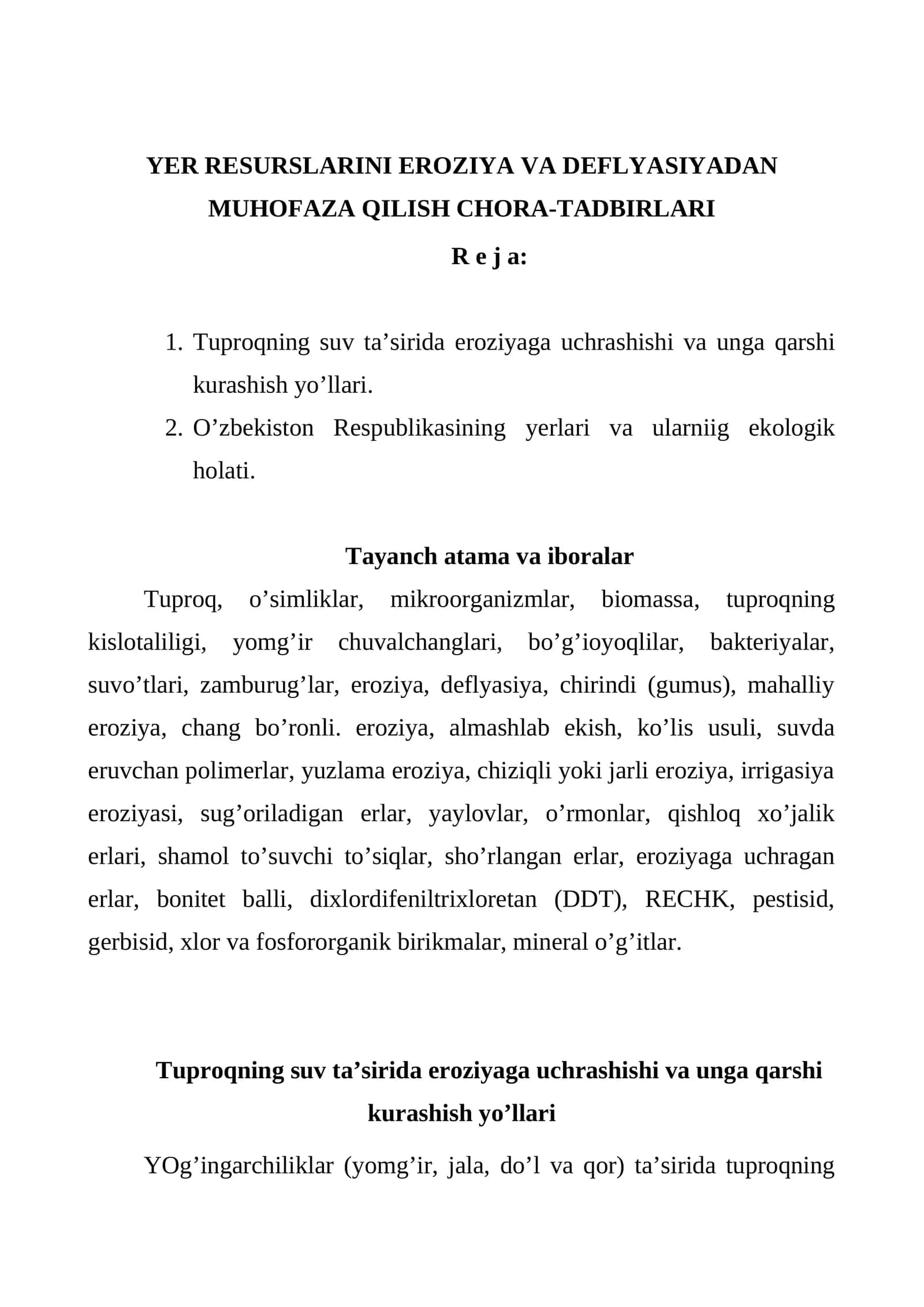 YER RESURSLARINI EROZIYA VA DEFLYASIYADAN MUHOFAZA QILISH CHORA-TADBIRLARI 1