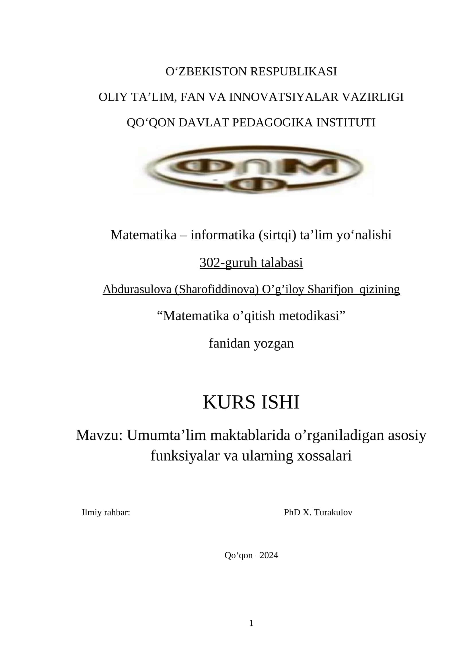 Umum ta’lim maktablarida o’rganiladigan asosiy funksiyalar va ularning xossalari 1