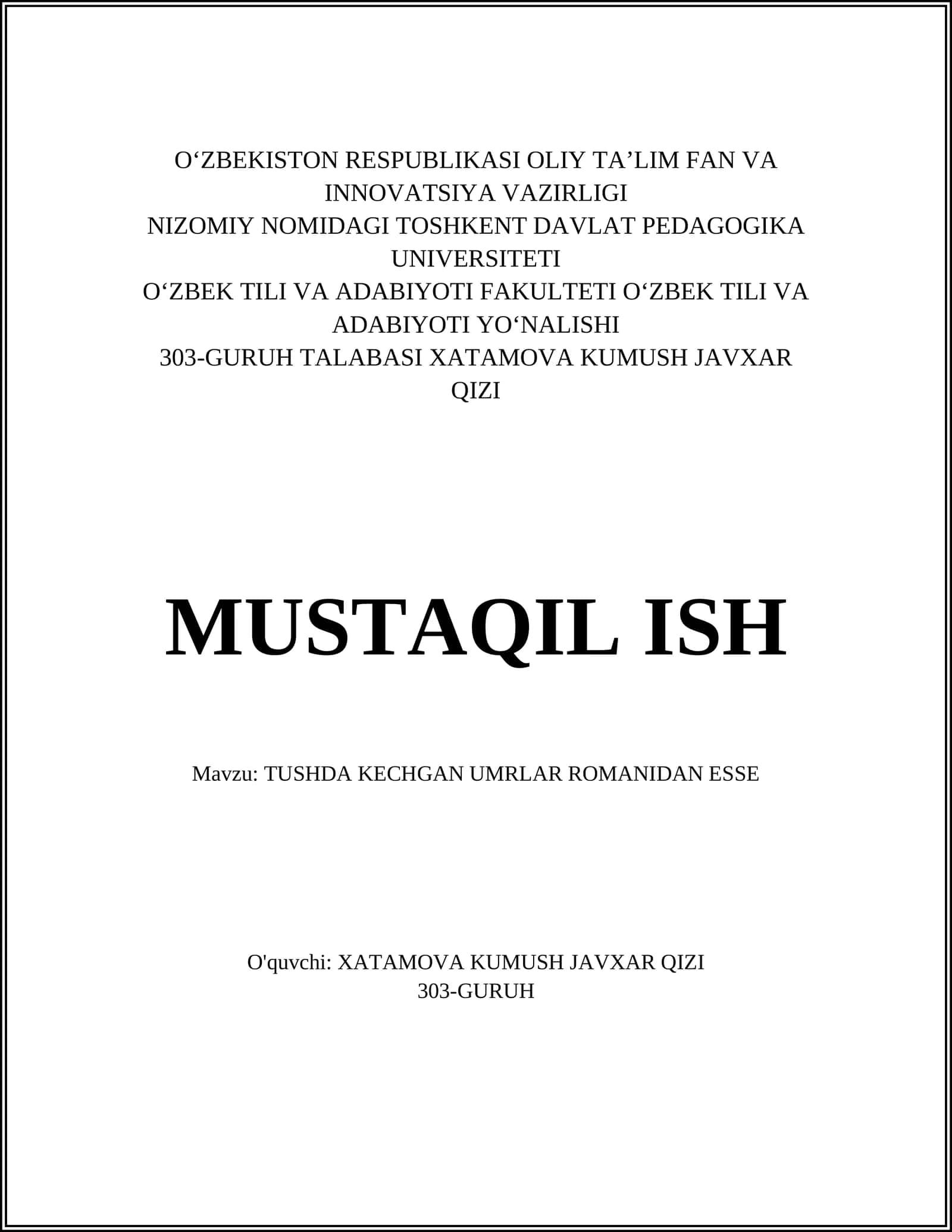 TUSHDA KECHGAN UMRLAR ROMANIDAN ESSE 1