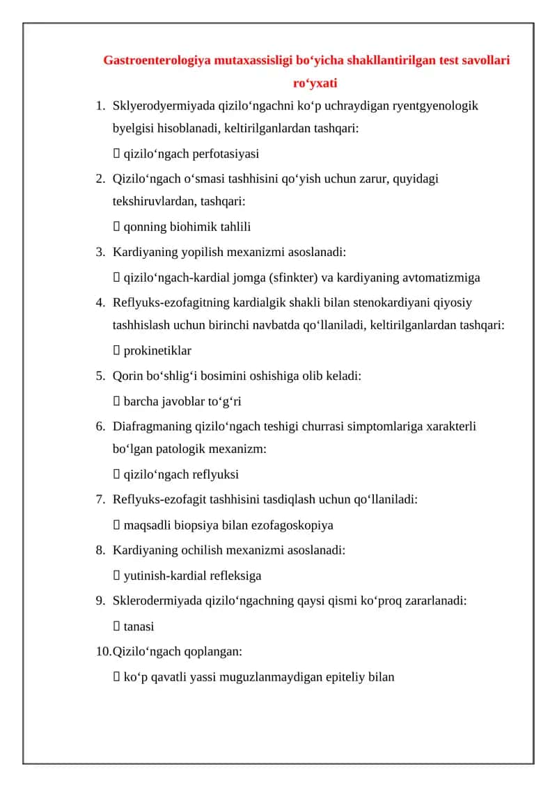 Gastroenterologiya mutaxassisligi boʻyicha shakllantirilgan test savollari roʻyxati 1